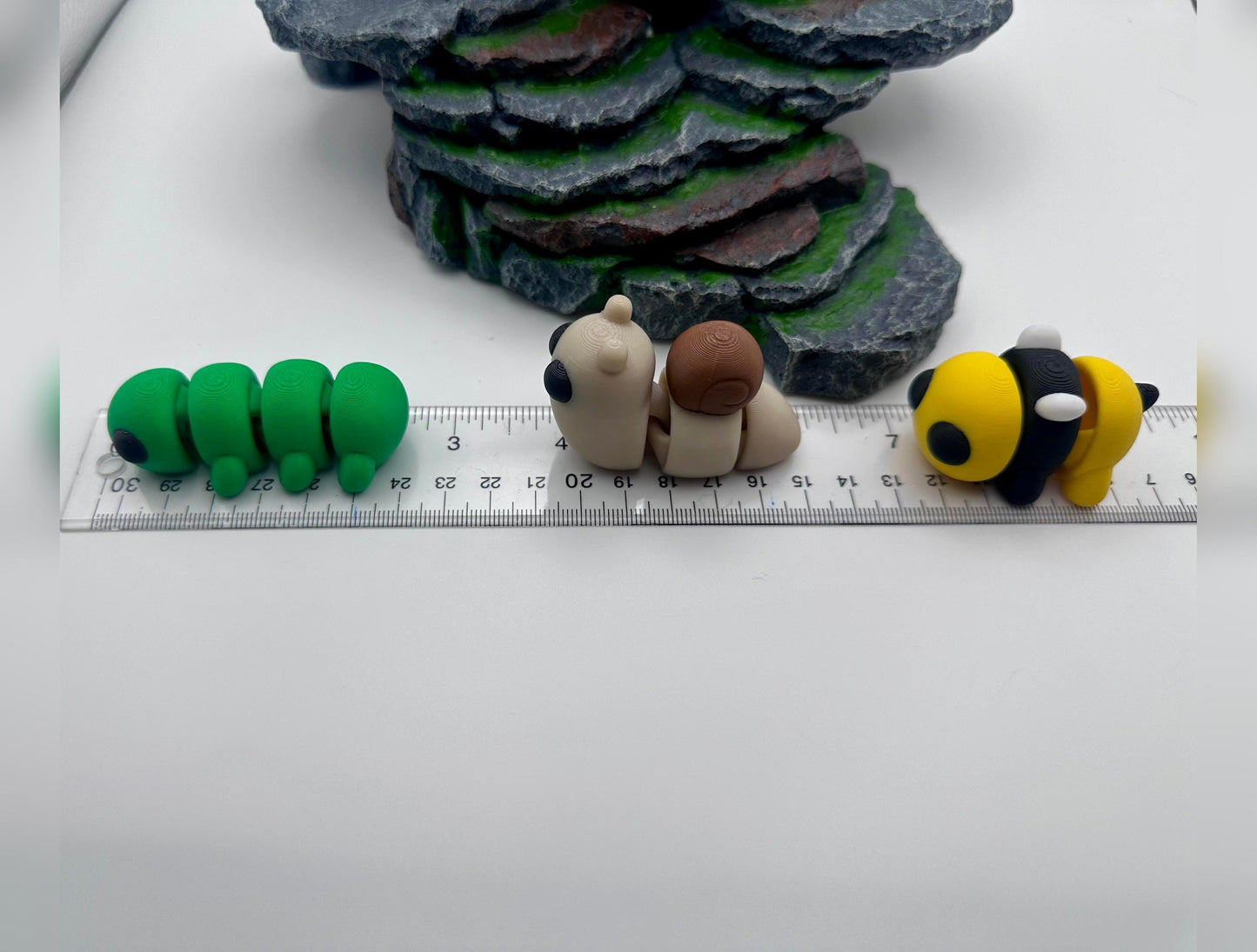 3D Printed Articulating Forest Creature Trio Set with Snail, Caterpillar, and Bee