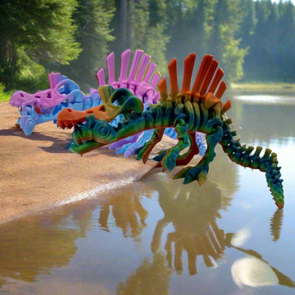 Mighty 3D Printed Skeleton Spinosaurus Figurine with Bonus Articulating Fish