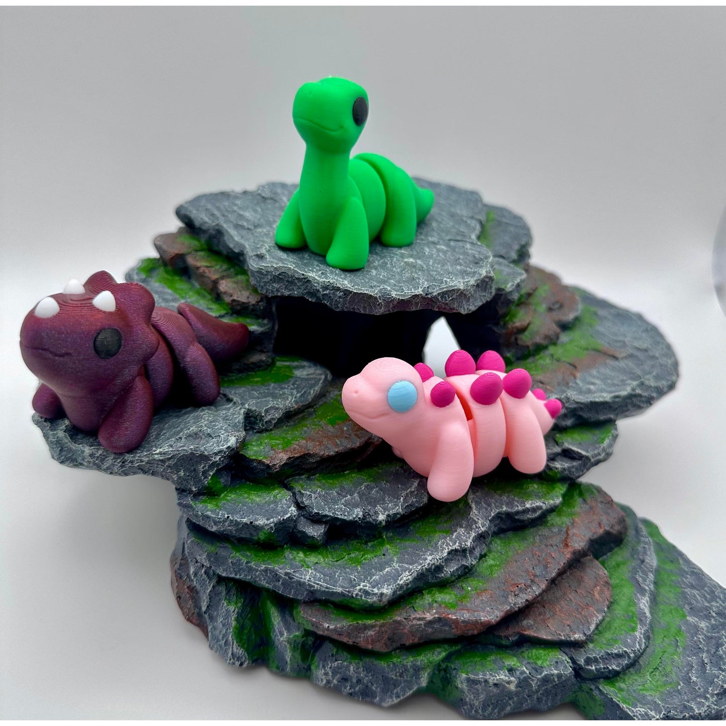 3D Printed Articulating Dinosaur Trio Figure Set with Triceratops, Brontosaurus, and Stegosaurus